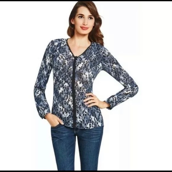 CAbi Tops - CAbi Blue Black Top Shirt Fatale Sheer Long Sleeve
